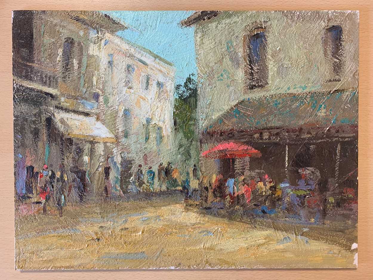 Brian Jull (b. 1949), Continental street scene, possibly France, oil on board, 30.5 x 40.5cm - Image 3 of 7