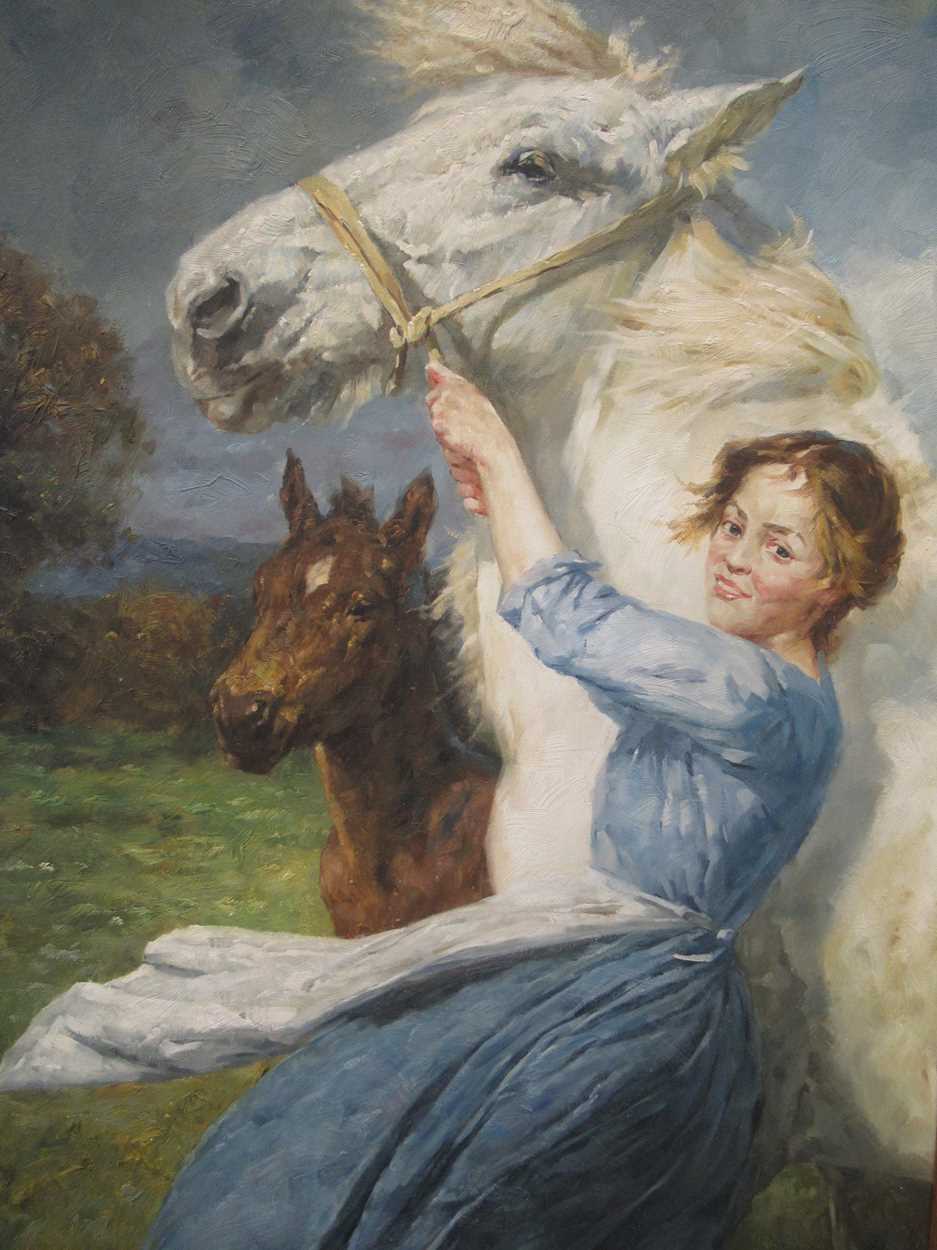 Modern British School, Women with a horse, signed lower left 'Thomas Lancaster', oil on canvas, 89 x