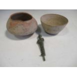 Two painted earthenware bowls and a bronze shabti (3)