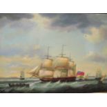 British School three masted off the coast in a rough sea oil on canvas layed to board 60 x 90cm