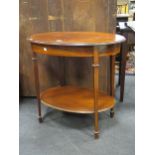 An Edwardian mahogany and satinwood strung oval table, with under tier, 76cm wide