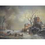 After Fredrik Marinus Kruseman, Winter landscape, oil on board, 20 x 24.5cm