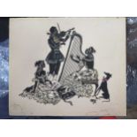 A pair of cut paper silhouettes depicting groups of classical musicians, 23.5 x 28cm, unframed