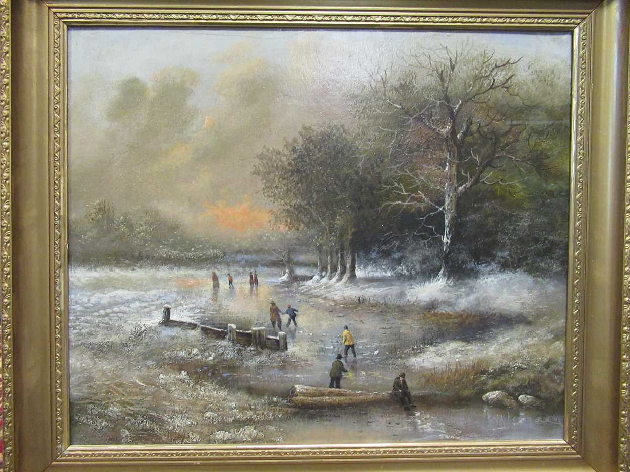 Figures on a frozen pond in a winter landscape signed indistinctly (lower right) oil on canvas layed - Image 2 of 4