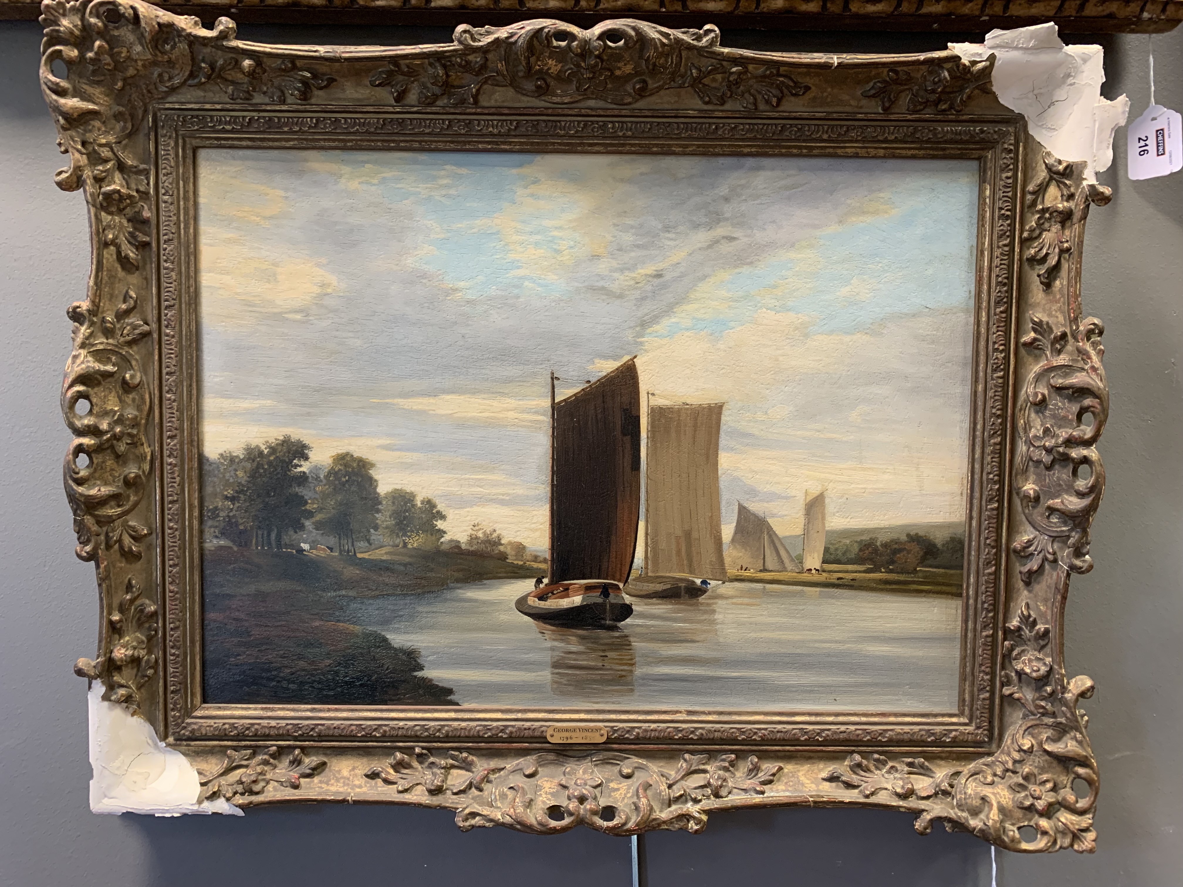 George Vincent (British, 1769-1831) Sailing Boats on a river oil on board 34 x 47cm