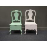 Two painted commode chairs on cabriole legs together with, a pair of tooled leather lamp bases (a/f)