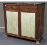 A Regency rosewood brass fern-leaf inlaid side cabinet with marble top, on gilt brass claw feet,