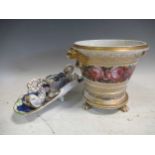 A 19th century floral painted porcelain flower pot and stand, and an inkstand (damaged)
