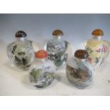 Five modern glass snuff bottles, the interiors painted with birds and animals, 3 larger 10.5cm high,