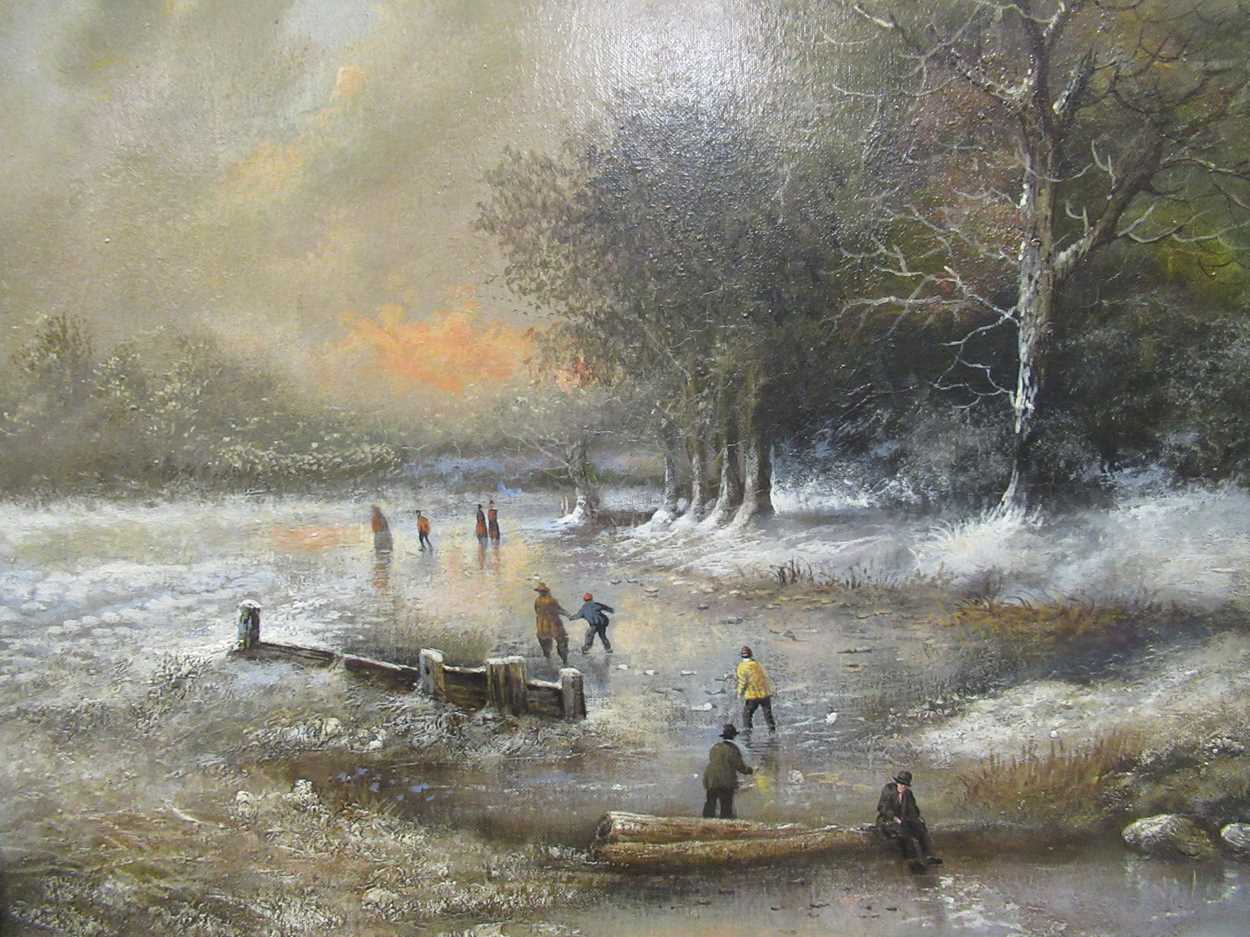 Figures on a frozen pond in a winter landscape signed indistinctly (lower right) oil on canvas layed