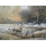 Figures on a frozen pond in a winter landscape signed indistinctly (lower right) oil on canvas layed