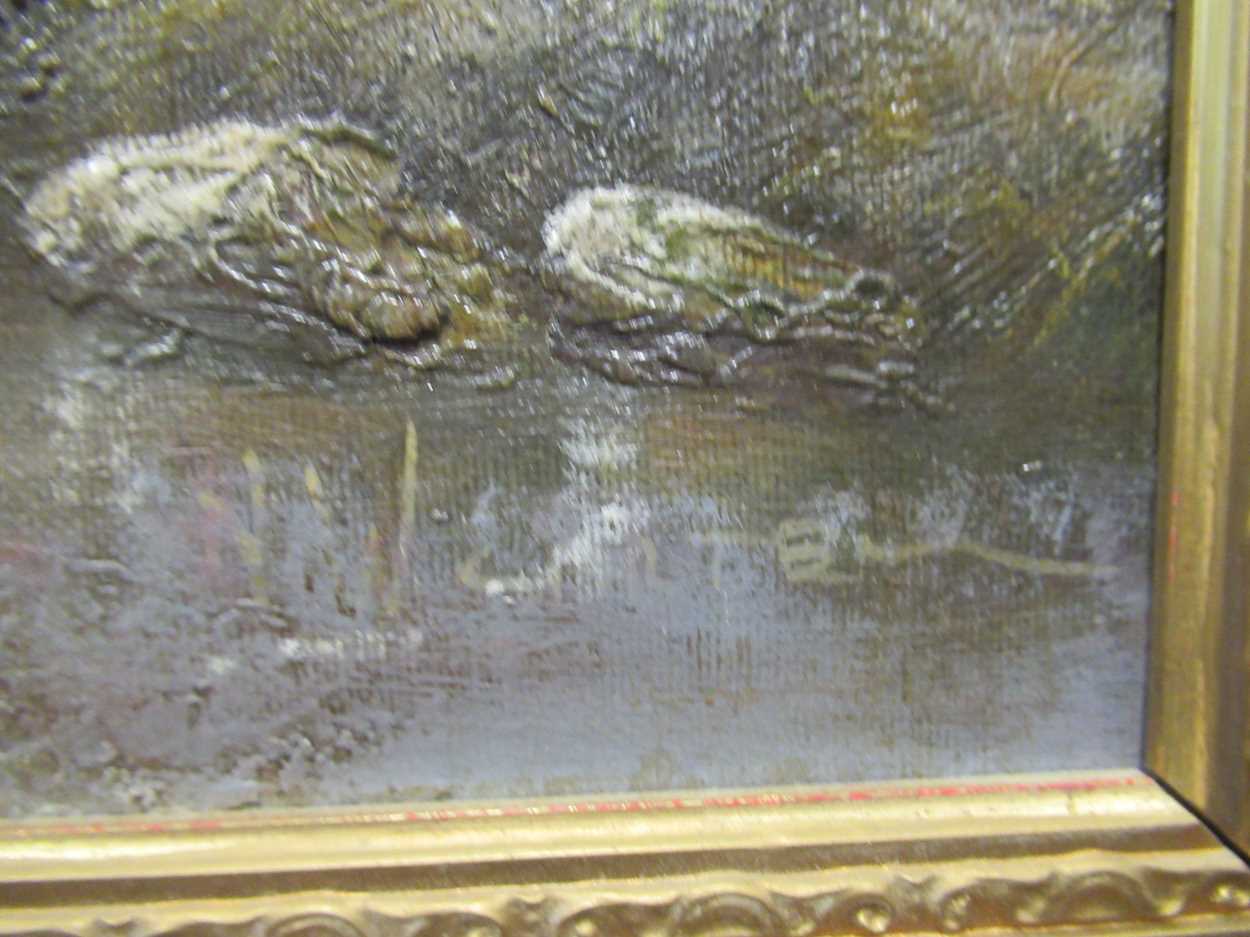 Figures on a frozen pond in a winter landscape signed indistinctly (lower right) oil on canvas layed - Image 3 of 4