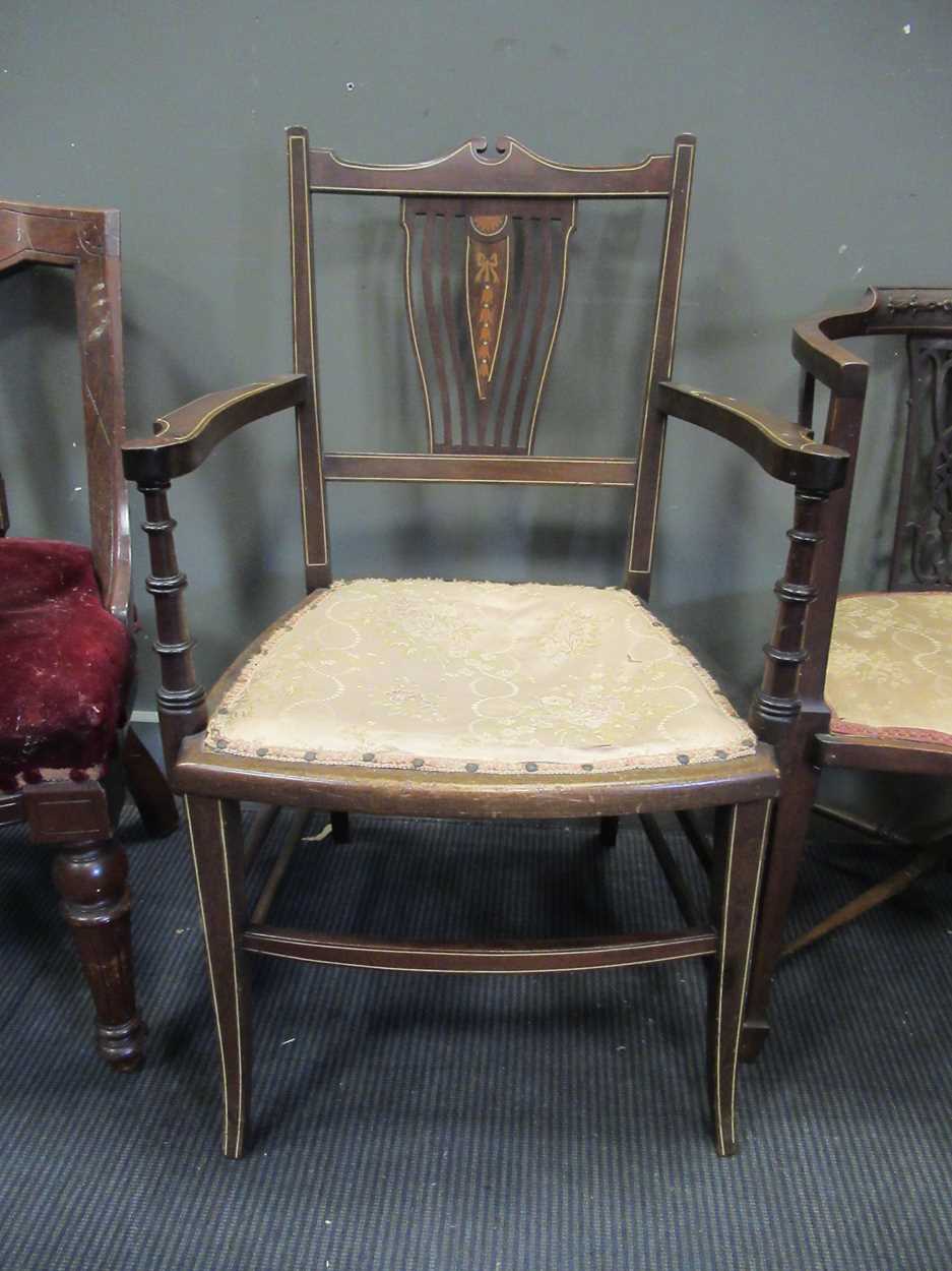 An Edwardian mahogany and inlaid armchair together with another Edwardian armchair and two late - Bild 4 aus 5