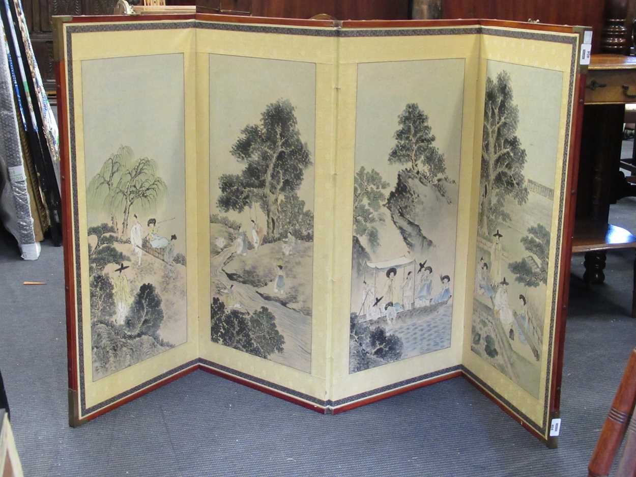 A 20th century Korean four-fold screen, decorated with leisurely pursuits, 88 x 166cm