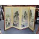 A 20th century Korean four-fold screen, decorated with leisurely pursuits, 88 x 166cm