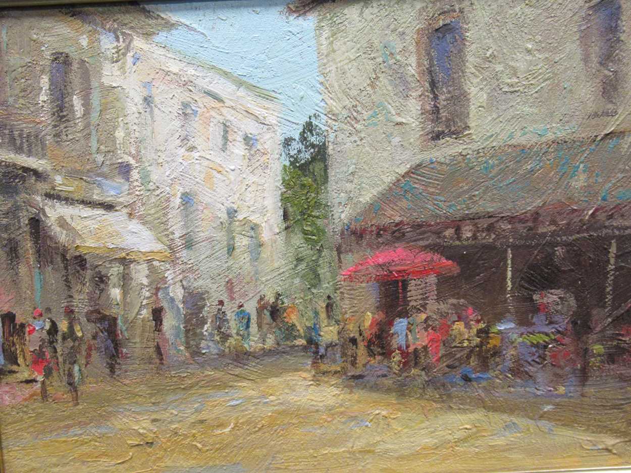 Brian Jull (b. 1949), Continental street scene, possibly France, oil on board, 30.5 x 40.5cm