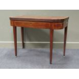A Regency mahogany and satinwood strung D shape card table, frieze drawer, on square tapering legs