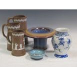 Collection of pottery and other jugs, vases and dishes; 3 miniature wood chests with mother of pearl