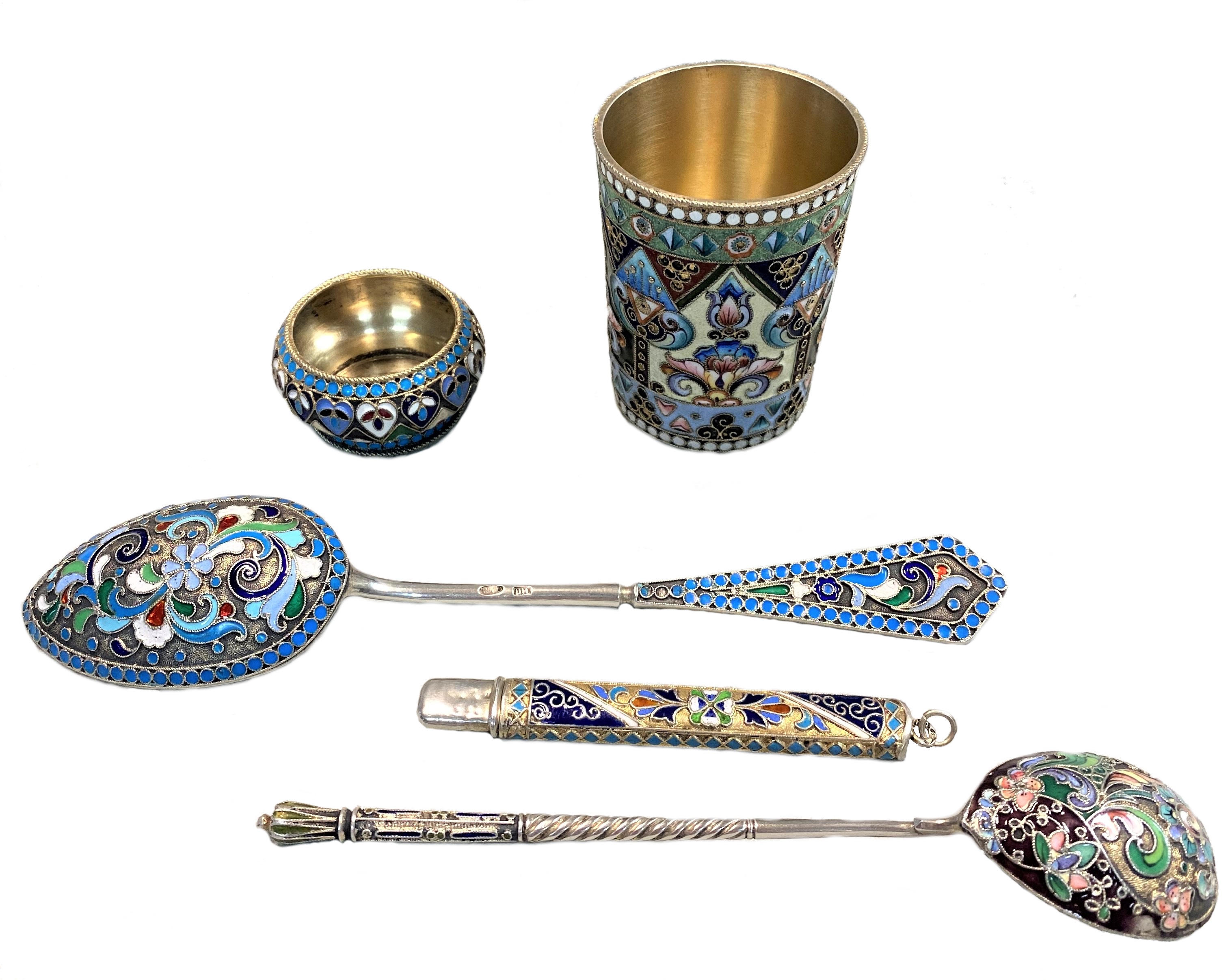 A collection of five early 20th century Russian metalwares silver and enamel objets,