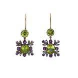 A pair of amethyst, peridot and diamond ear pendants,