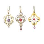 A trio of Edwardian gemset pendants,