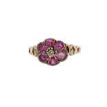 A 19th century fully hallmarked 12ct gold garnet and pearl cluster ring,