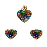 An enamel and diamond pendant and ear studs en suite,