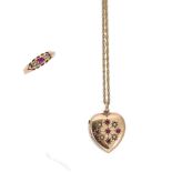 A ruby and seed pearl locket, mark of Cropp & Farr, together with a ruby and diamond ring,