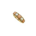 A pearl and coral five stone ring,