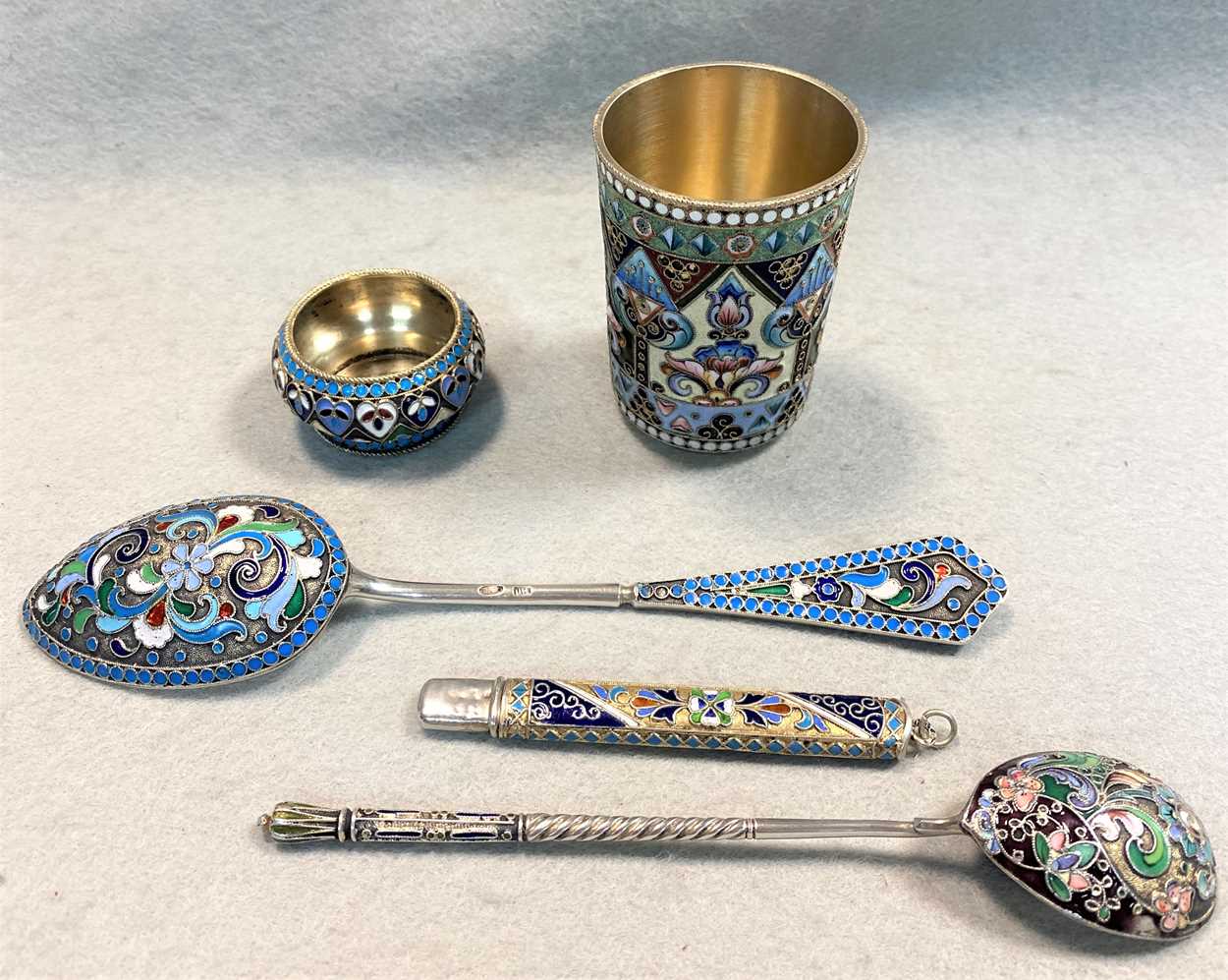 A collection of five early 20th century Russian metalwares silver and enamel objets, - Image 21 of 21