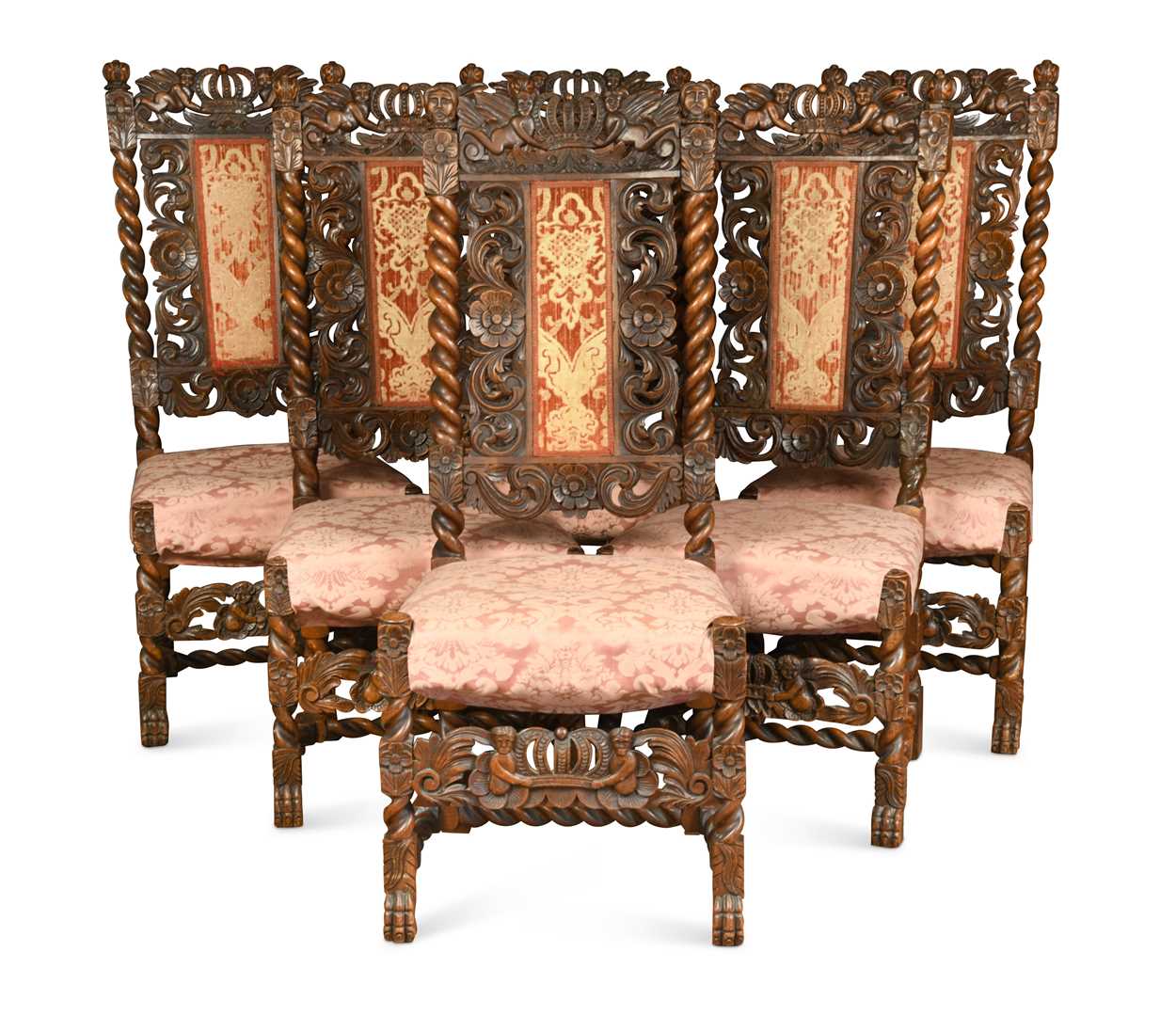 A matched set of six Charles II walnut dining chairs,