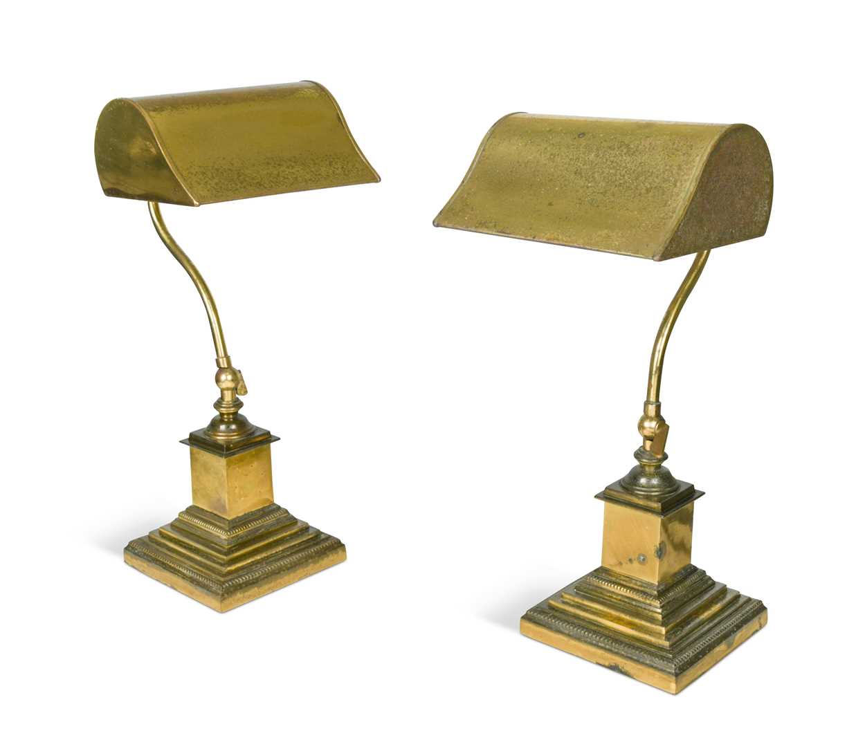 A pair of plated brass banker's lamps, 20th century,