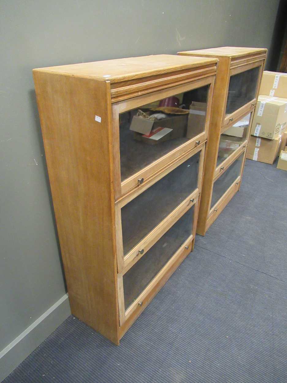 A pair of oak Globe Wernike style bookcases each with three compartments 129 x 88 x 34cm - Image 6 of 8