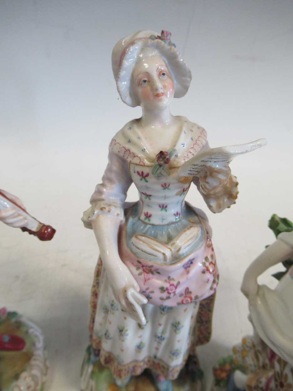 A pair of continental porcelain figurines, two Chelsea style figurines, a pair of Sampson - Image 7 of 8