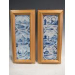 Six framed Delft tiles (mounted as two trios)