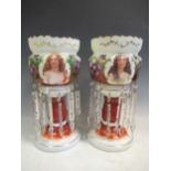 A pair of late 19th century continental opaque white glass lustres, each printed and painted with