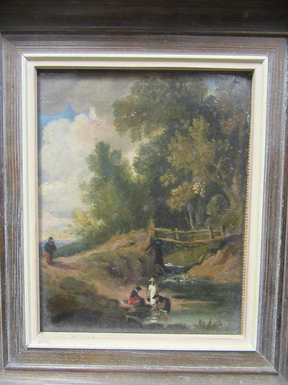 English school (19th century), figures by a river, oil on board, 15.5 x 12cm; another of a coastal - Image 2 of 6