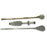 A 'Gibson' style medicine spoon, unmarked but tests for silver, together with two bombillas, one