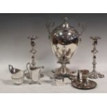 A pair of George III style silver plated candle sticks, an EPNS two handled samovar and other