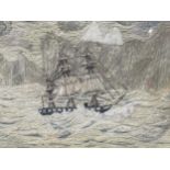 A maple-framed 19th century sailor's woolwork depicting a steamship sailing close to an iceberg in a