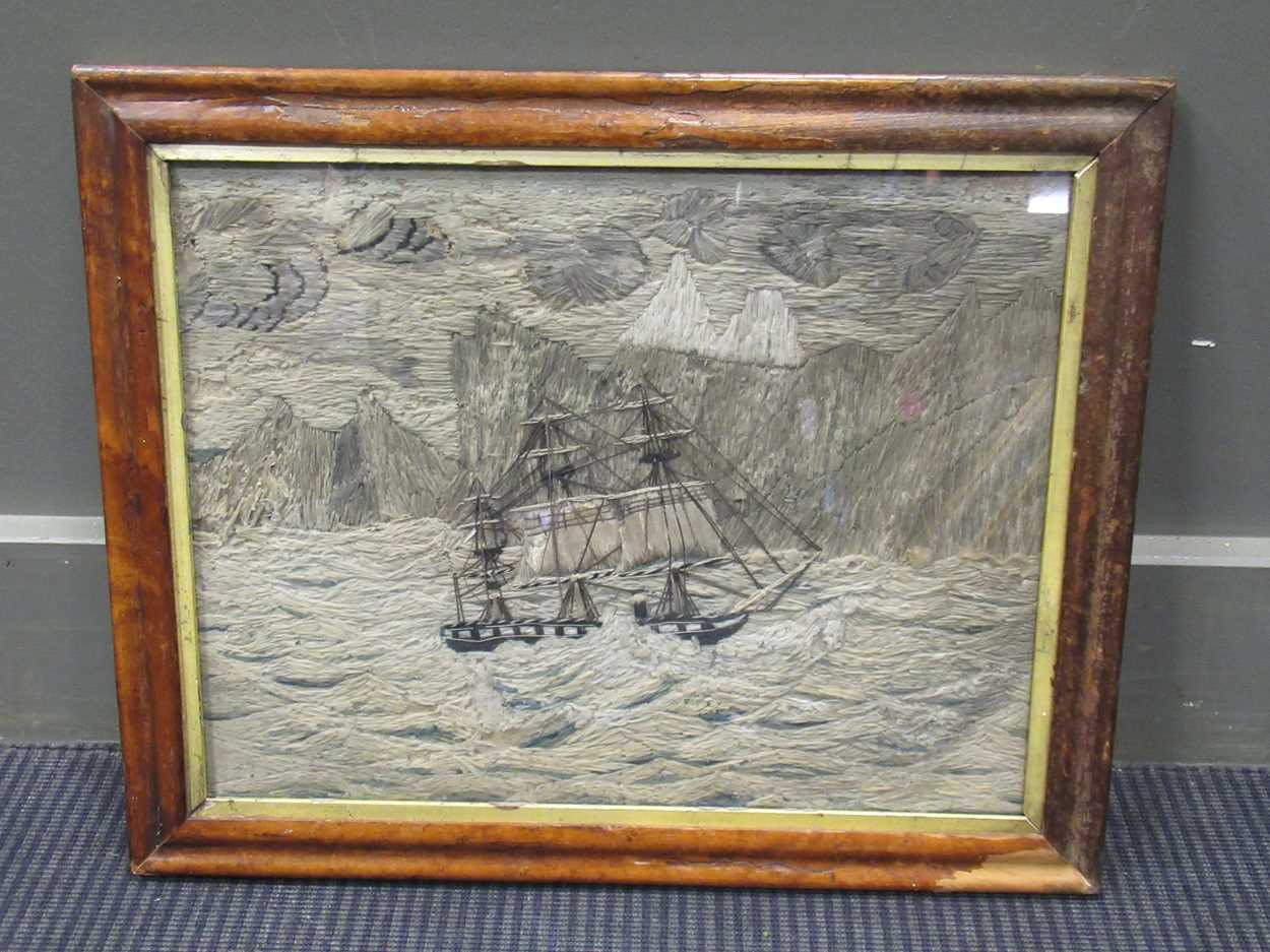 A maple-framed 19th century sailor's woolwork depicting a steamship sailing close to an iceberg in a - Image 2 of 3