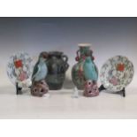 A pair of Chinese models of parrotts, a pair of Chinese small plates and a two-handles vase; a