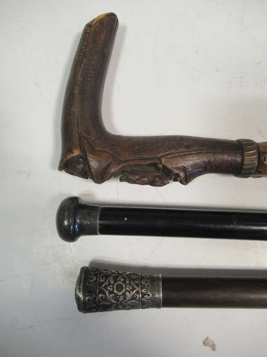 A silver mounted walking cane, another with metal mount and a third carved with a dog and a hare, - Bild 3 aus 15