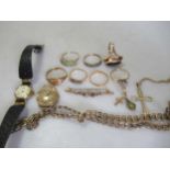 A group of gold jewellery, including a hallmarked 9ct gold chain, a hallmarked signet ring, a
