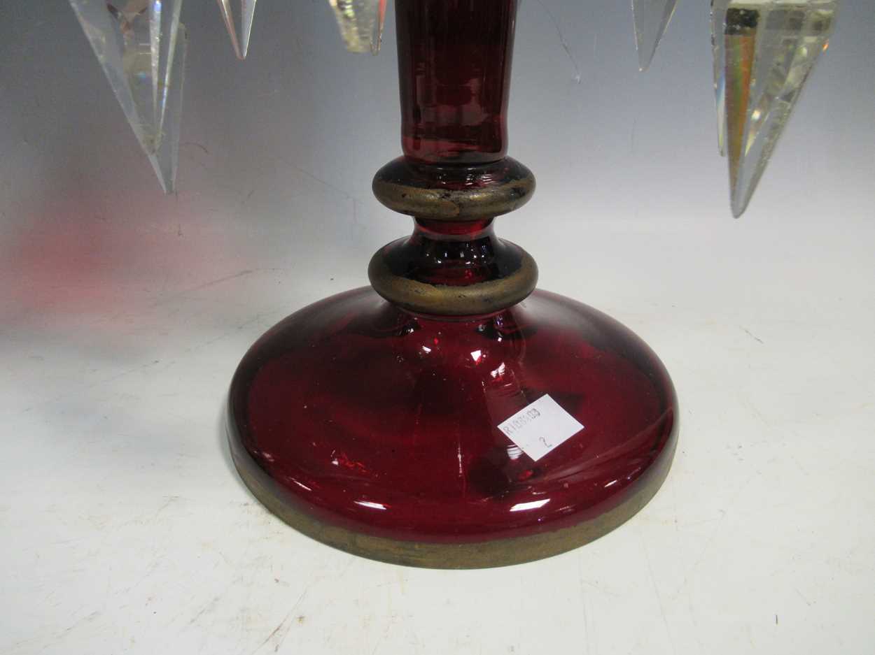 A pair of Bohemian red glass lustres, with gilt decoration, 40cm high - Image 6 of 9