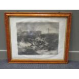 A Victorian maple-framed lithograph "Grace Darling and her Father going to the wreck of the