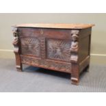 A carved oak coffer or dower chest, basically 19th century 62 x 92 x 46cm