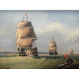 'Galleons at sea', A 19th century, oil on panel, 16 x 23.5 cm