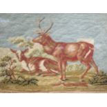 A 19th century needlework picture of deer, 20 x 30 cm, a silk 'Shakespeare' picture, 29 x 24 cm, and