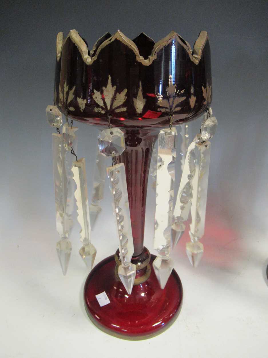 A pair of Bohemian red glass lustres, with gilt decoration, 40cm high - Image 2 of 9